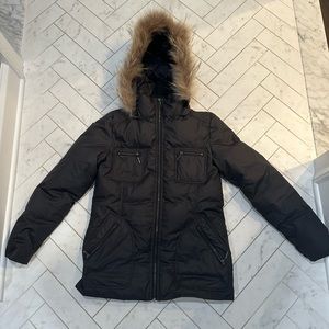 Black Steve by Searle puffer long coat with hood with fur. Size M.